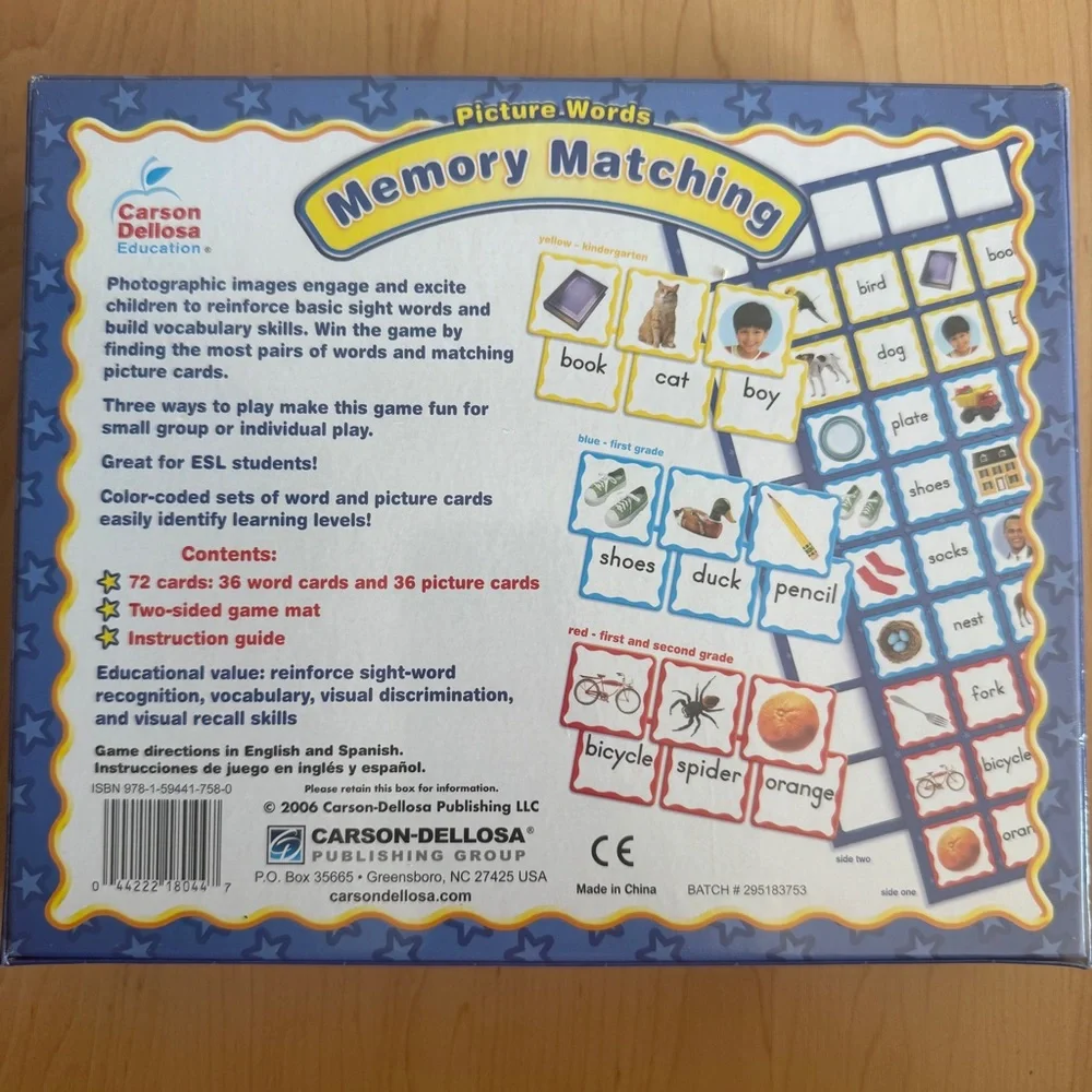 NEW Picture Words: Memory Matching w/Three Levels Of Words, Educational, Ages 5+